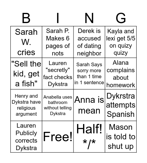 4th Period Bingo Card