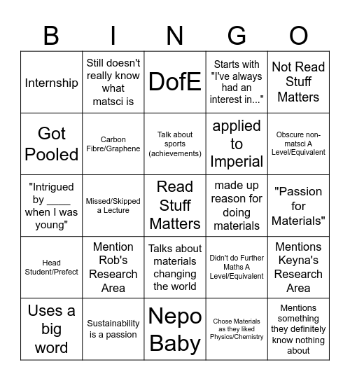 Matsci Bingo Card