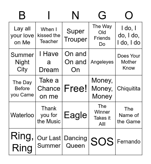 Abba Bingo Card