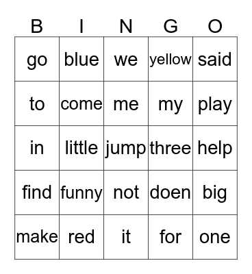 Sight Words Bingo Card