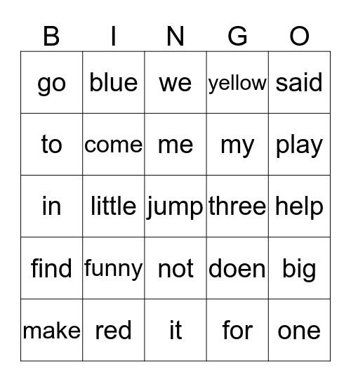 Sight Words Bingo Card