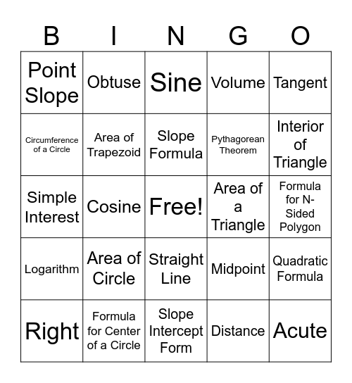 ACT Math Bingo Card