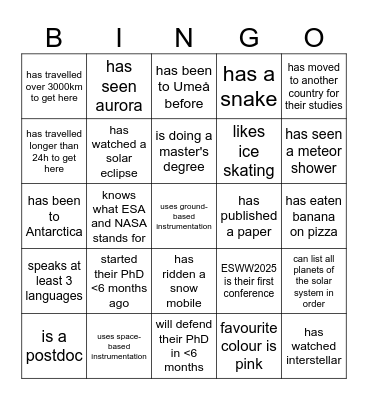 ESWW ESC Social Event Bingo Card