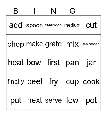 Recipe Bingo Card