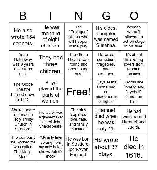 Shakespeare (Romeo & Juliet) Bingo Card