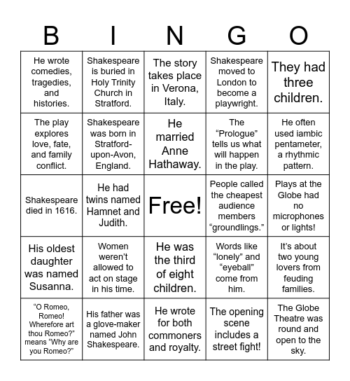 Shakespeare (Romeo & Juliet) Bingo Card