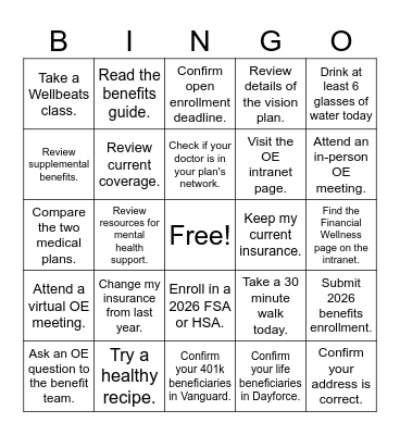 2026 Open Enrollment (OE) Bingo Card