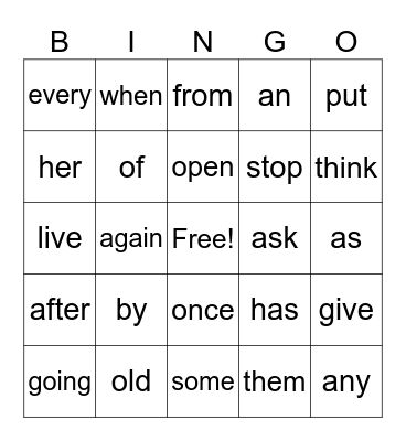 1st grade phonics Bingo Card