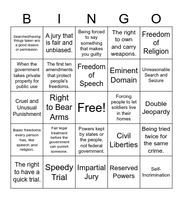 Bill of Rights Vocab Bingo Card