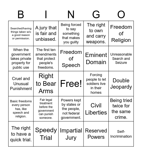 Bill of Rights Vocab Bingo Card