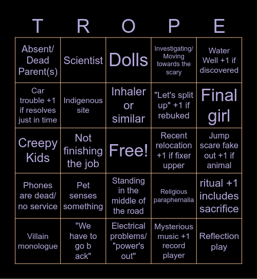 Horror Movie Tropes Bingo Card