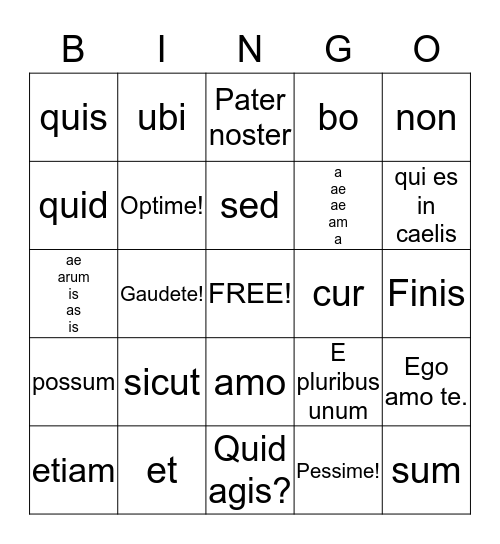 Latin-O! Bingo Card