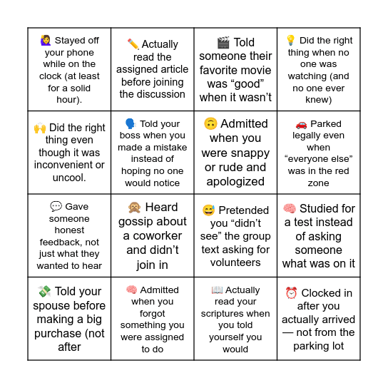 Integrity in Real Life Bingo Card