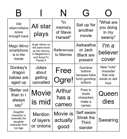 Shrek 5 Bingo Card