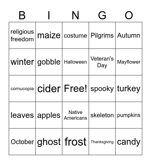 Fall Bingo Card