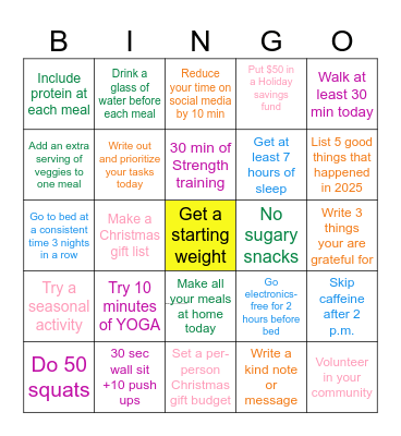 Healthy Holidays Bingo Card