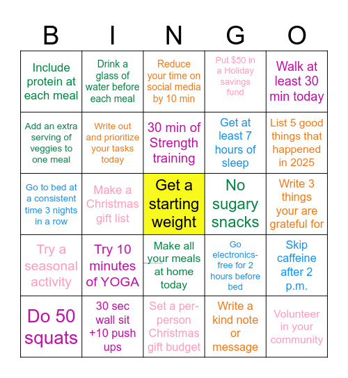 Healthy Holidays Bingo Card