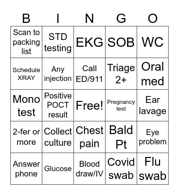 Camas Urgent care Bingo Card