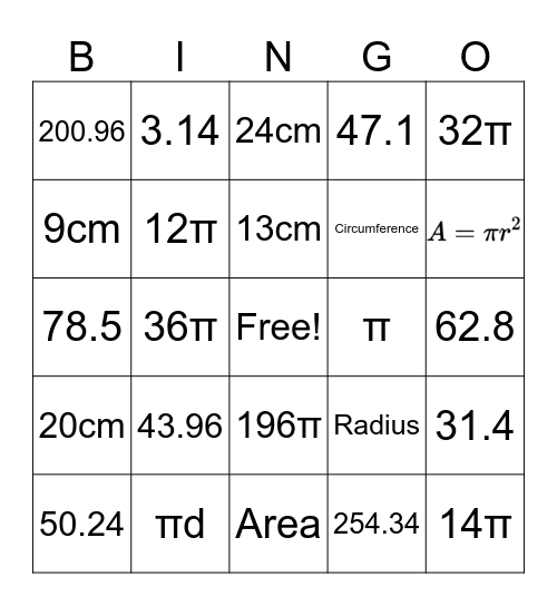 Area/Circumference Bingo Card