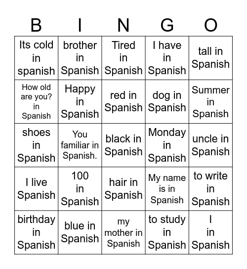 Spanish Bingo 3/25 Bingo Card