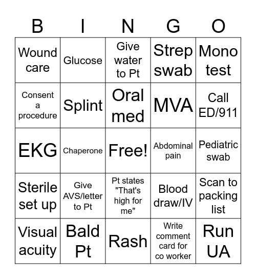 Camas Urgent Care Bingo Card