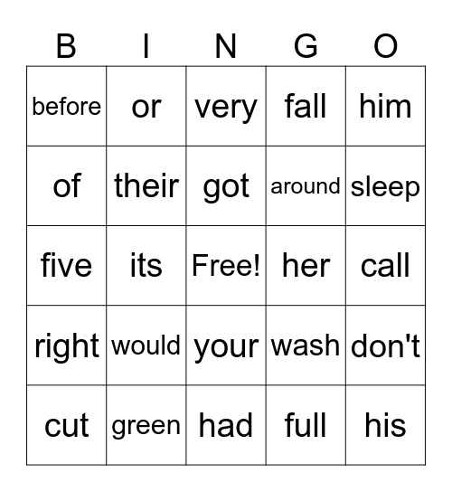 Sight Words Bingo Card