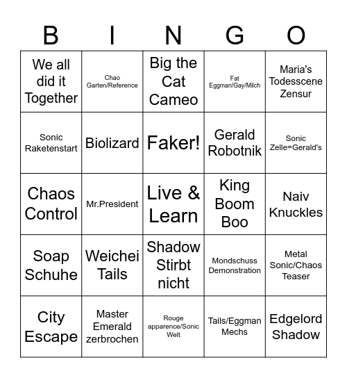 Sonic 3 Bingo Card
