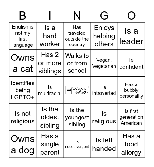 Identity Bingo Card