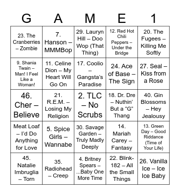 90s Songs Bingo Card