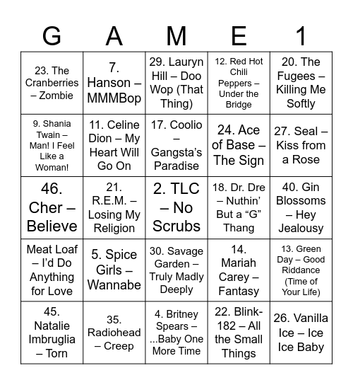 90s Songs Bingo Card