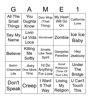 90s Songs Bingo Card