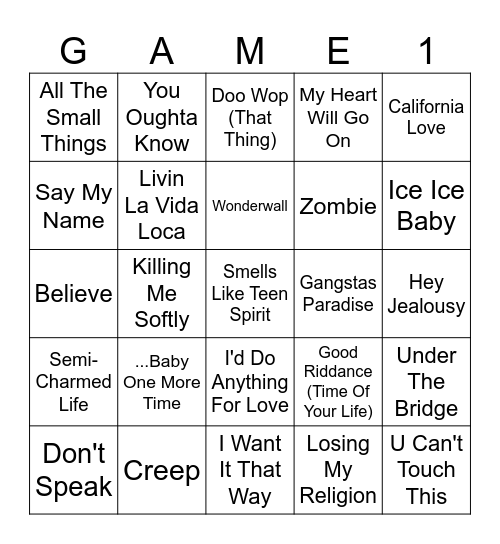 90s Songs Bingo Card