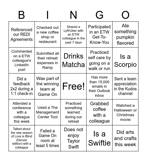 Team Connection Bingo Card