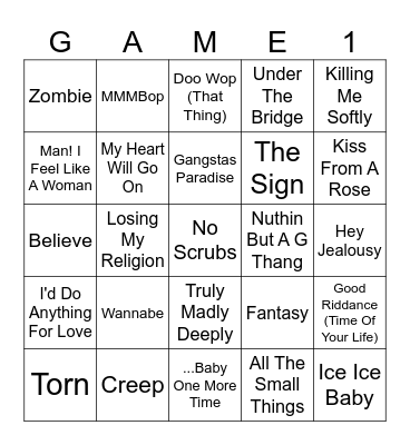 90s Songs Bingo Card