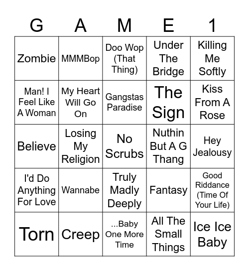 90s Songs Bingo Card
