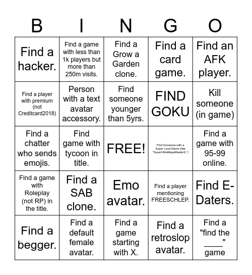 Fun Roblox Bingo Card