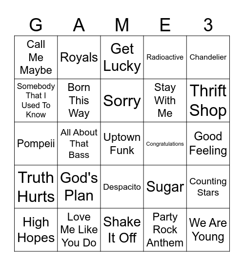 2010s Songs Bingo Card
