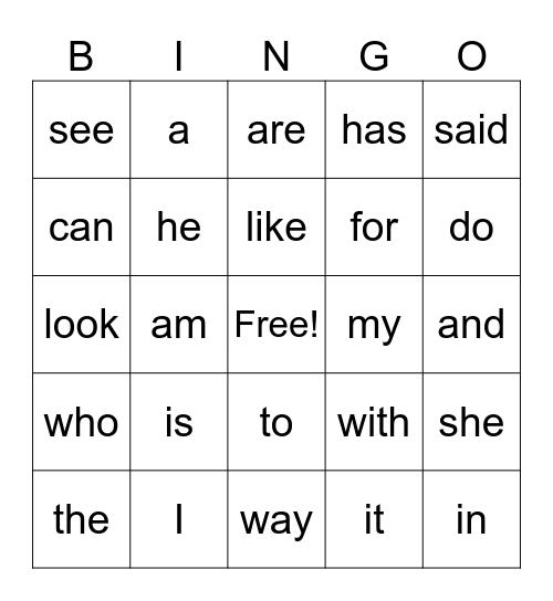 1st grade sight words Bingo Card
