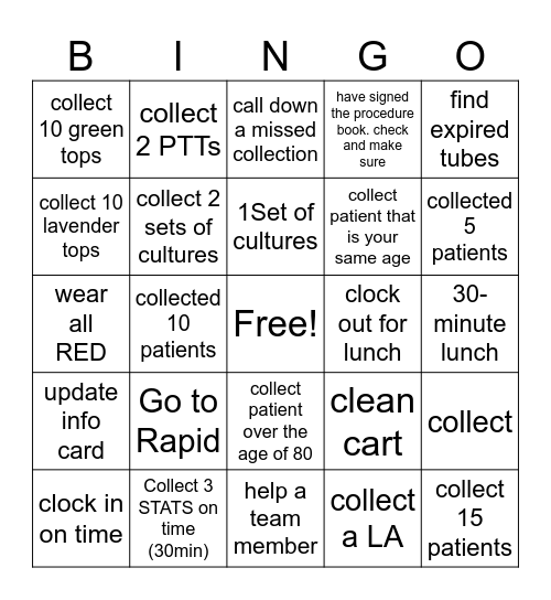 Phlebotomy BINGO Card