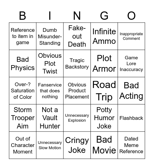 Boderlands/Bad Video Game Movie Bingo Card