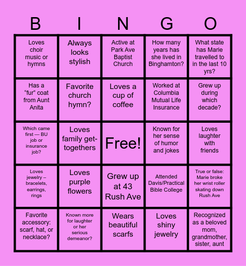 Marie’s 90th Birthday Bingo Card