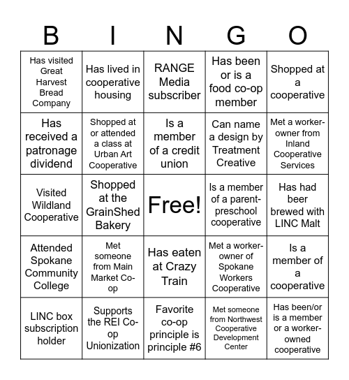 Inland Northwest Regional Co-op Network Bingo Card
