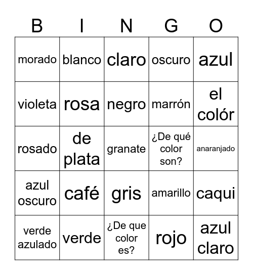 Los Colores Bingo Card