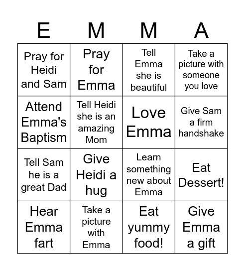 Baby Emma Bingo Card