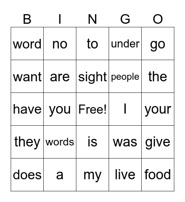 sight words Bingo Card