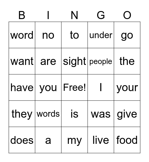 sight words Bingo Card