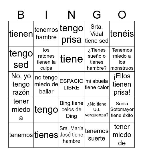 Tener idioms  Bingo Card