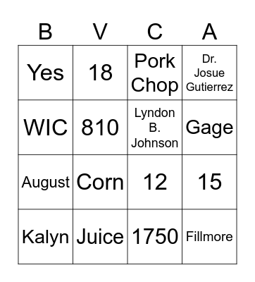 BVCA Wellness Day Bingo Card