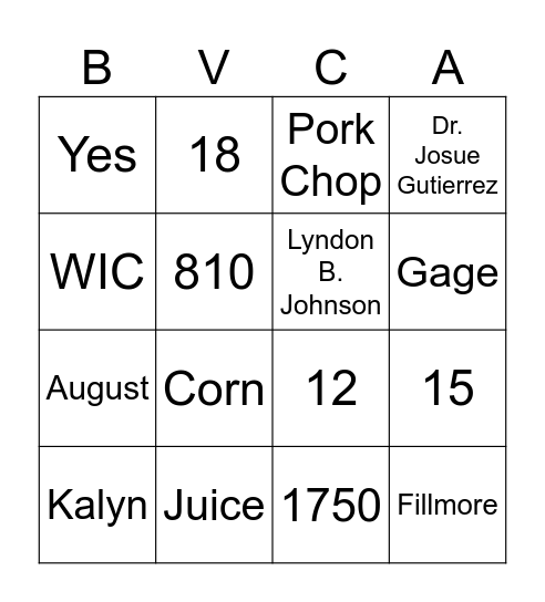 BVCA Wellness Day Bingo Card