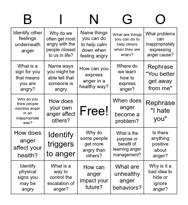 Anger Bingo Card